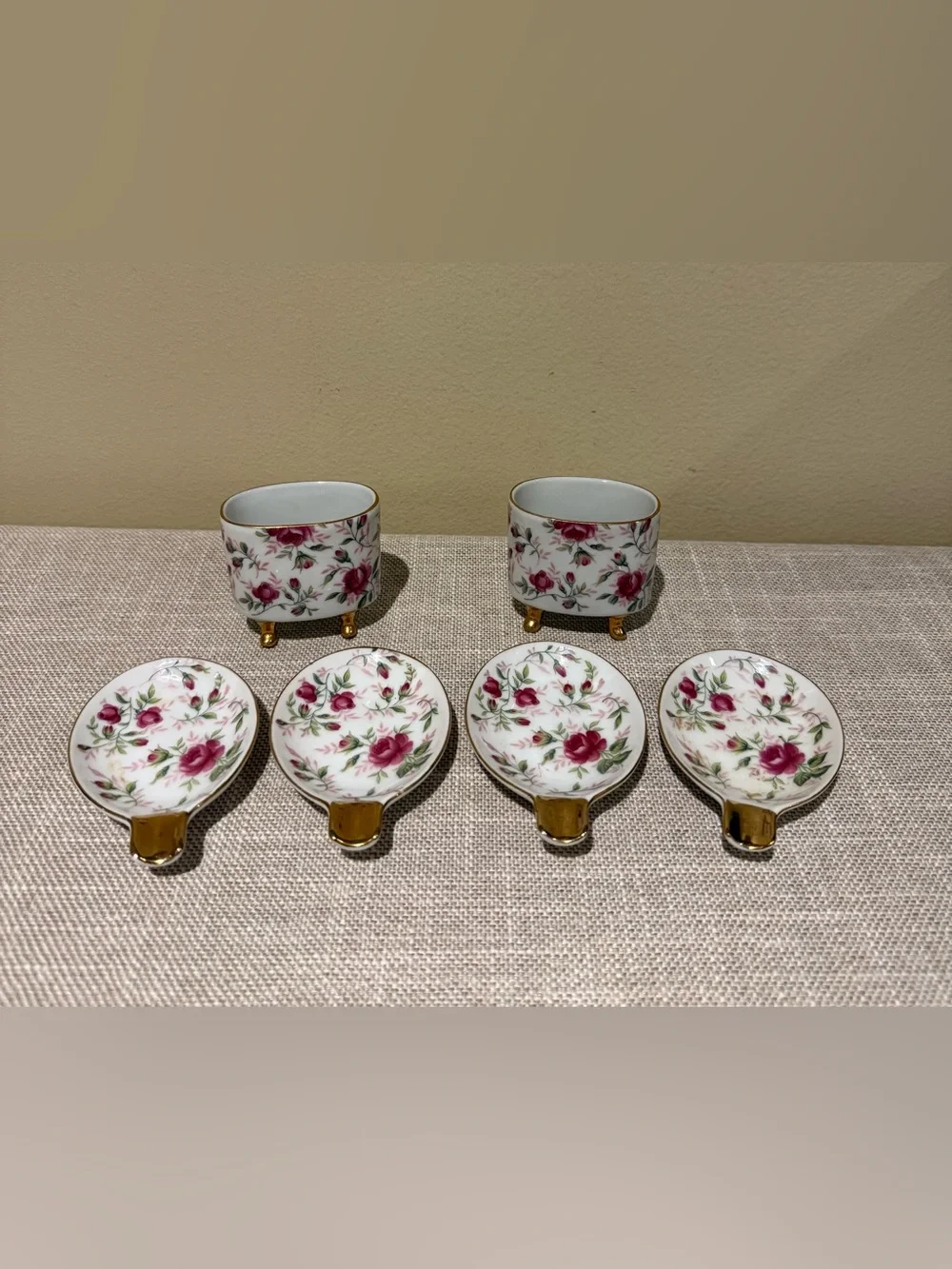 Vintage Lefton Rose Chintz Porcelain Cigarette Holder Ashtray Set 6pc